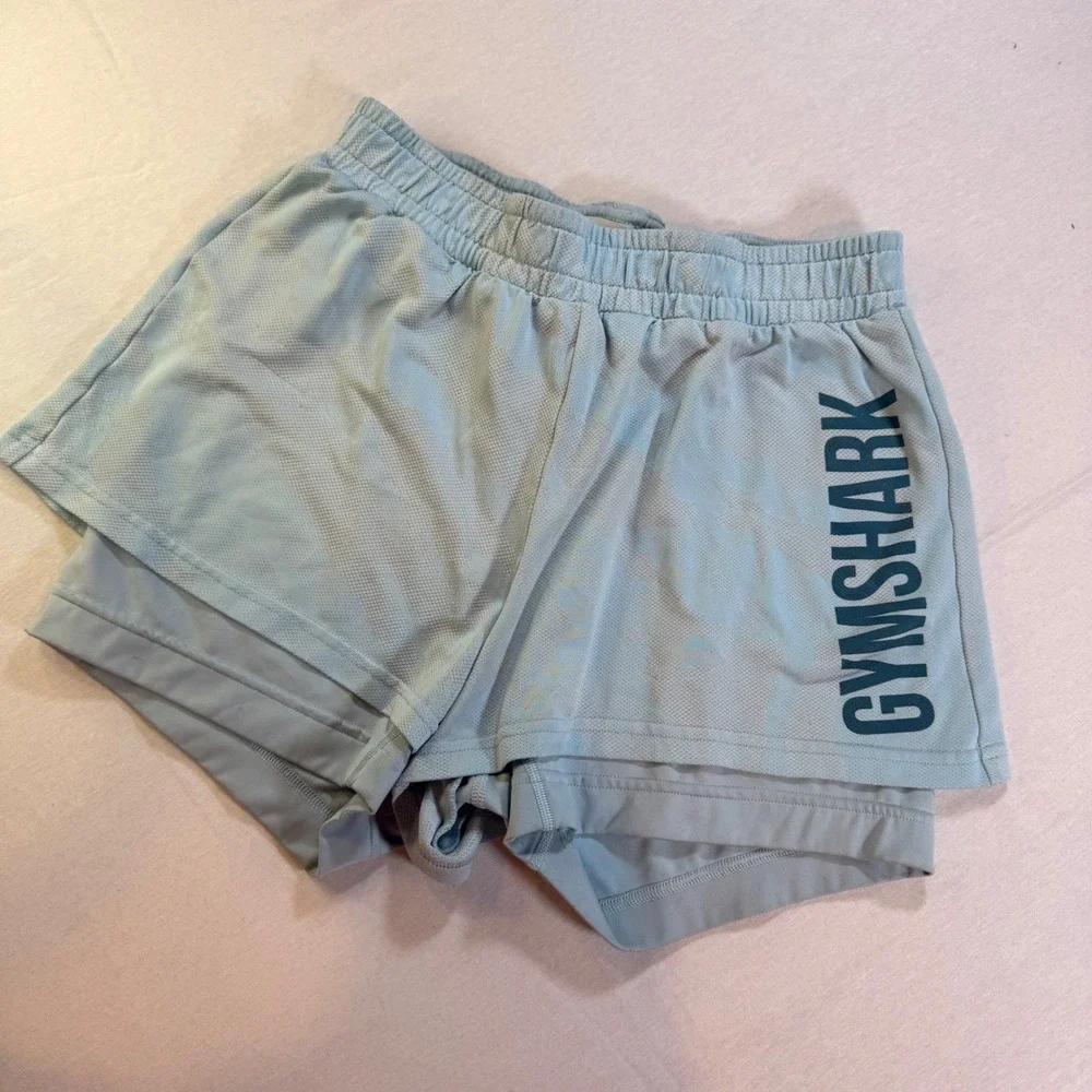 Gymshark 2-in-1 Training Shorts Women M Blue Mesh Layered Athleisure Gym Workout